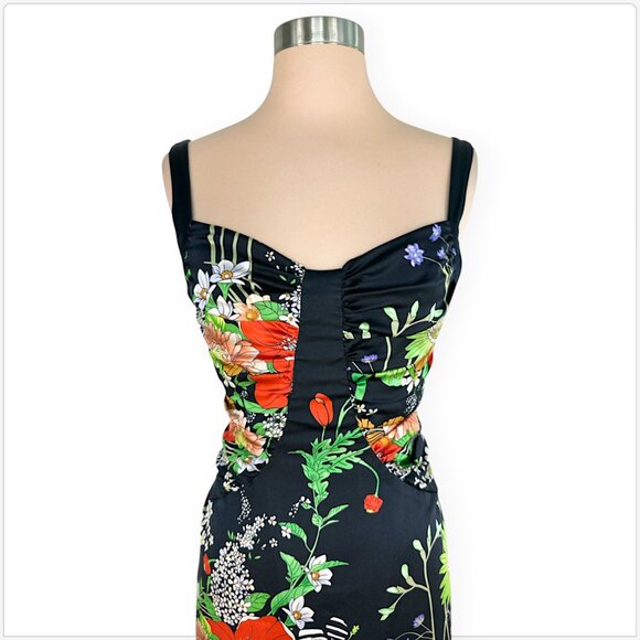 David Meister Black Floral Animal Zebra Print Stretch Silk Ruched Party Dress 8P - Picture 3 of 6